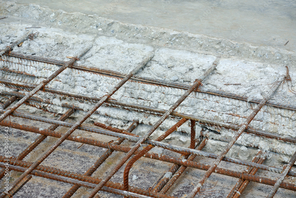 Concrete construction joint at the construction site. Wire mesh used to