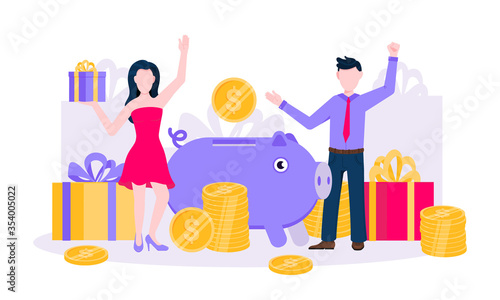 Earn points business concept flat style design vector illustration. Loyalty reward points for purchase cashback program. Earn and get bonus signs. Happy woman standing near gift boxes and piggy bank.