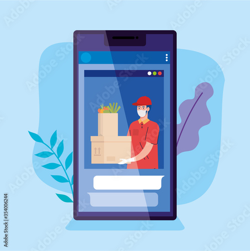 safe contactless delivery courier by covid 19, stay home, order goods online by smartphone vector illustration design