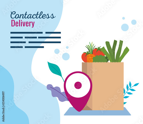 safe contactless delivery courier by covid 19, bag paper with groceries vector illustration design