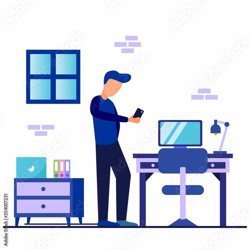 PrintThe man with the smarphone chair and work table beside him. Freelance or learning concepts. Neat illustration in flat style.