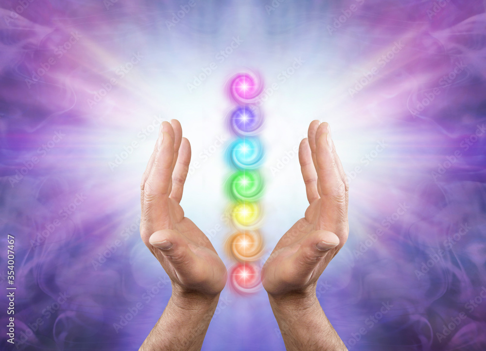 Sending You Seven Chakra Healing Energy - Male parallel hands facing upwards against a purple magenta background of radiating energy and the Seven Chakras floating between his hands
Sending You Seven Chakra Healing Energy - Male parallel hands facing upwards against a purple magenta background of radiating energy and the Seven Chakras floating between his hands