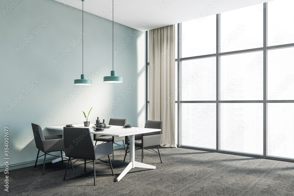 Fototapeta premium Panoramic blue dining room corner, grey chairs