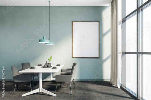 Panoramic blue dining room with poster
