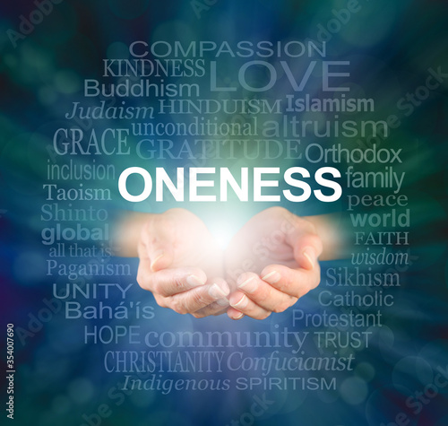ONENESS word tag cloud -  female hands offering a ONENESS word cloud against a dark blue green radiating vignette background
