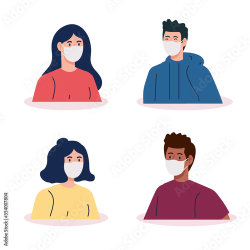 people using medical protective mask against coronavirus 2019 ncov vector illustration design