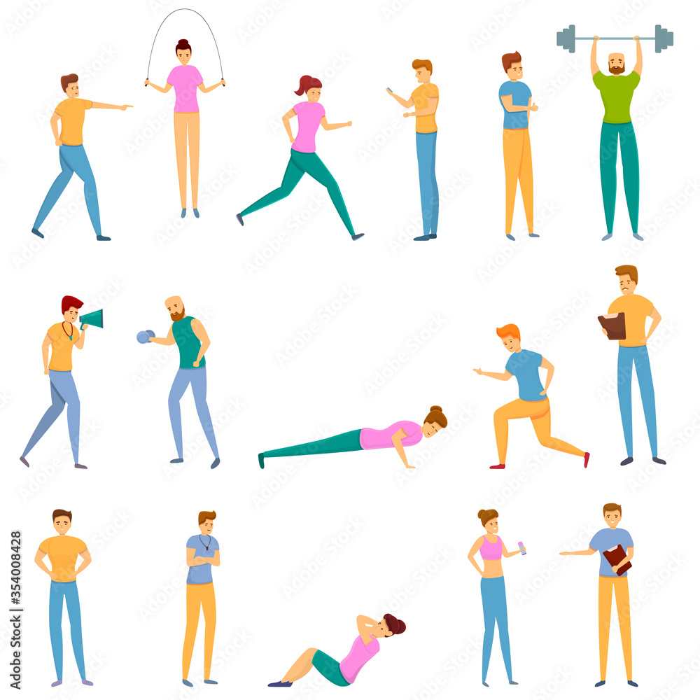 Personal trainer icons set. Cartoon set of personal trainer vector icons for web design Personal trainer icons set. Cartoon set of personal trainer vector icons for web design