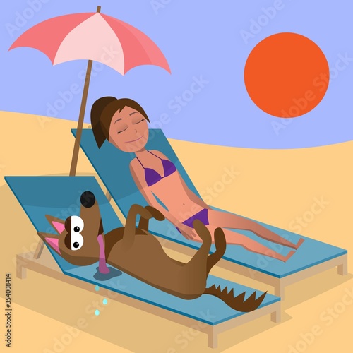 cartoon characters of woman sleeping on sunbed and sunbathing and dog suffering in hot weather, funny vector illustration, holiday in summer seasson