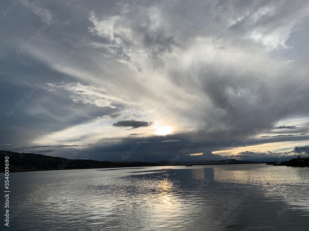 silver sunset over lake Titicaca