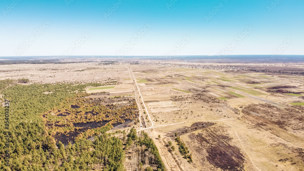 View from the drone on the Polissya forest after the fire, in the background the horizon. Sunny spring day. Zarichne village, Ukraine, Europe
