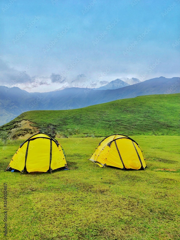 Camping on beautiful meadows of Indian Himalayas with epic view