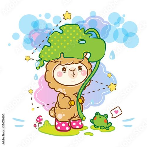 Vector cartoon illustration, kawaii kids style. Abstract anime big-headed smiling Llama (or alpaca) with monstera plant and cute frog under the rain. Background with clouds, stars, water drops