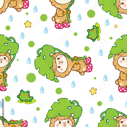 Vector cartoon seamless pattern. Kawaii anime alpaca (or llama) in funny pink boots with monstera leaves, water drops and cute toads, lovely rainy day pattern, background