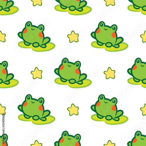Vector cartoon seamless pattern. Kawaii green toads, frogs with lily leaves and stars. Funny, cute, kids style background, perfect for prints, textures, textile, wallpaper and more