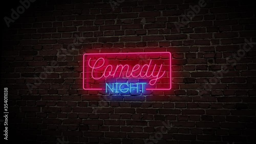 3D Rendering Comedy Night Neon Sign with a Brick Wall Background
