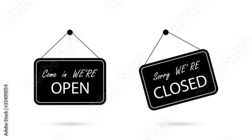 Open and closed sign board, isolated. Open with closed signboard in line design. Vector illustration