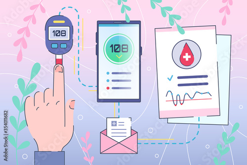Diabetes Healthcare Concept, sugar control by smartphone. Online diagnosis for diabetic patients. Digital glucose level blood test at home by Telemedicine service app