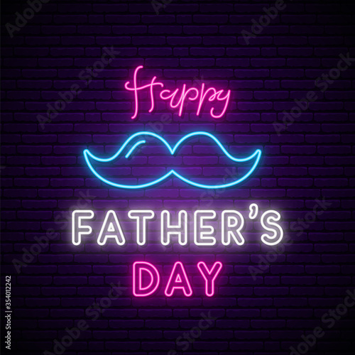 Father's Day neon signboard, light banner. Fathers Day greeting banner. Stock vector illustration