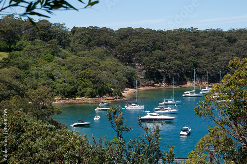 Sydney Australia, boat's moored in Athol Bay on Sydney Harbour surrounded by bush land photo