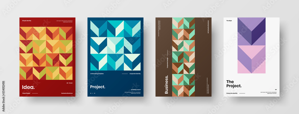 Company identity brochure template collection. Business presentation vector A4 vertical orientation front page mock up set. Corporate report cover abstract geometric illustration design layout bundle. Company identity brochure template collection. Business presentation vector A4 vertical orientation front page mock up set. Corporate report cover abstract geometric illustration design layout bundle.
