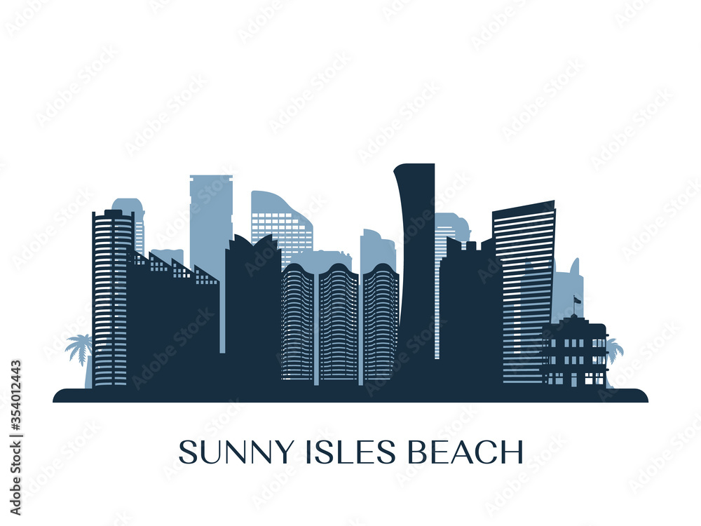 Sunny Isles Beach skyline, monochrome silhouette. Vector illustration.