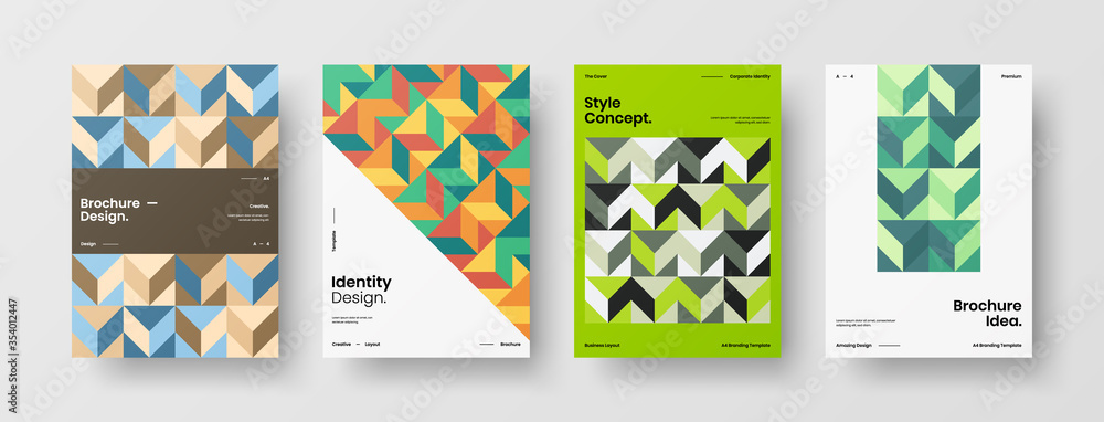 Naklejka premium Company identity brochure template collection. Business presentation vector A4 vertical orientation front page mock up set. Corporate report cover abstract geometric illustration design layout bundle.