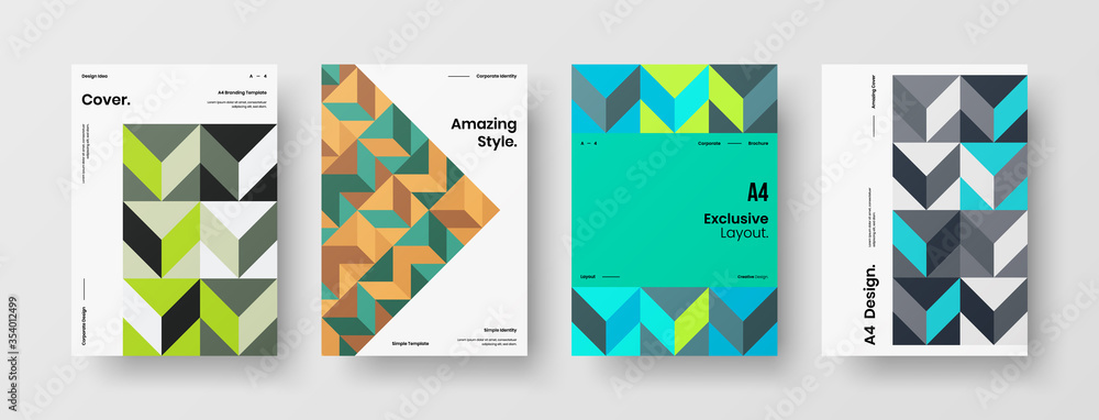 Fototapeta premium Company identity brochure template collection. Business presentation vector A4 vertical orientation front page mock up set. Corporate report cover abstract geometric illustration design layout bundle.