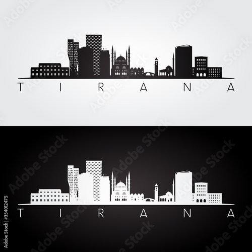 Tirana skyline and landmarks silhouette, black and white design, vector illustration.
