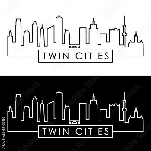 Twin cities skyline. Linear style. Editable vector file.