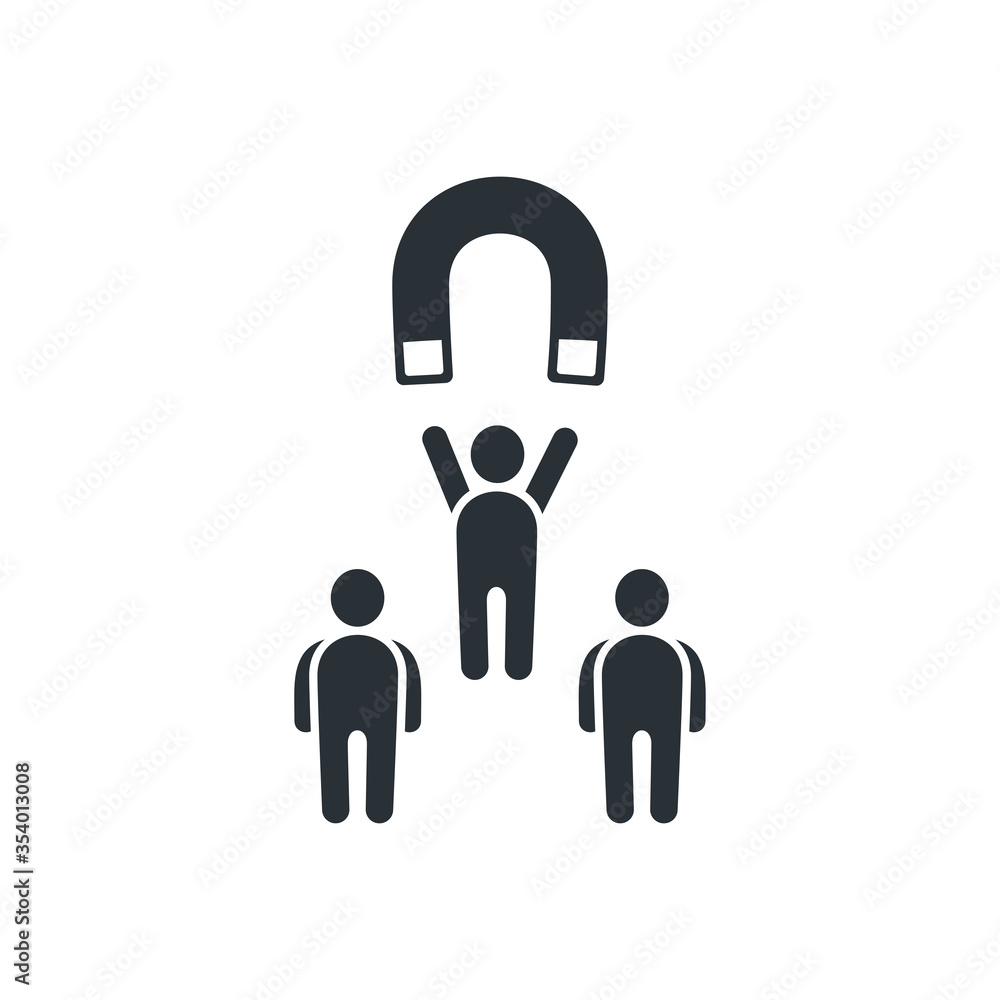 flat vector image on white background, magnet icon for attracting people, customer acquisition or marketing flat vector image on white background, magnet icon for attracting people, customer acquisition or marketing