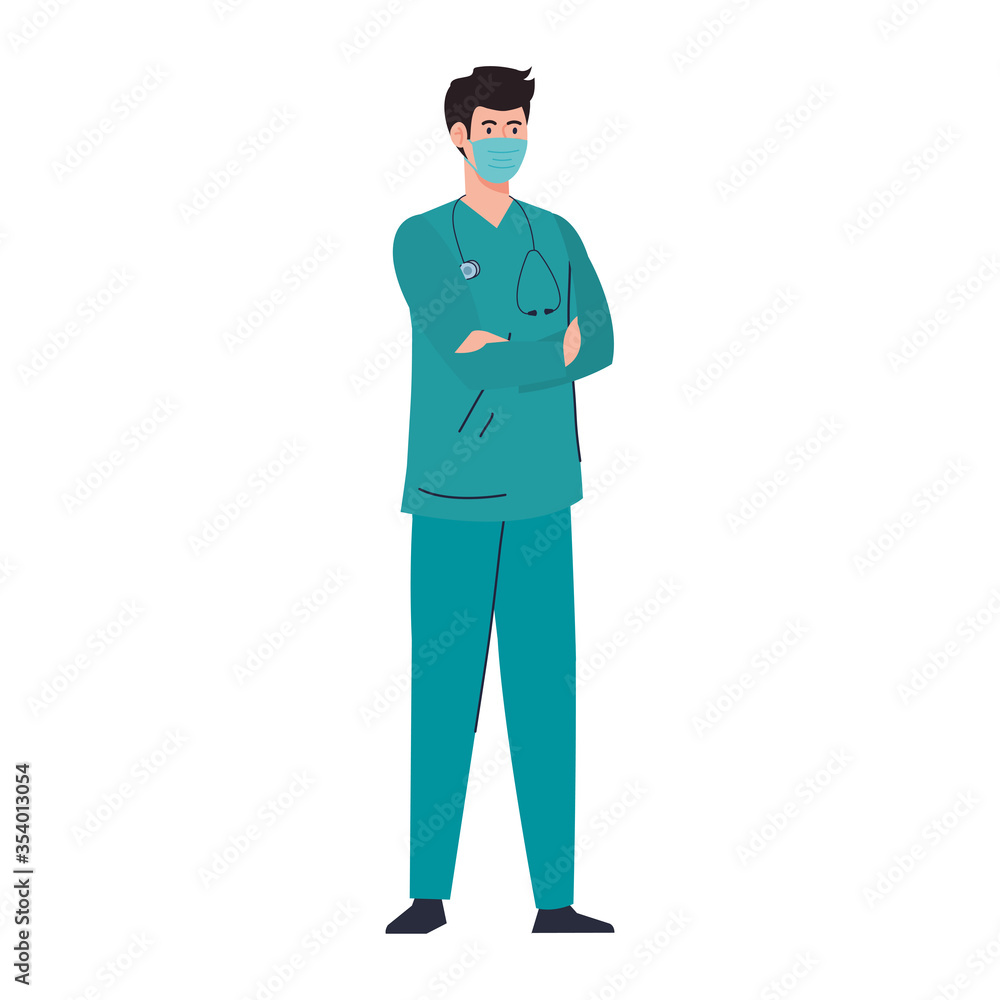 paramedic using face mask during covid 19 on white background vector illustration design paramedic using face mask during covid 19 on white background vector illustration design