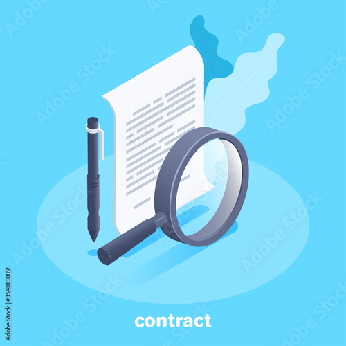 isometric vector image on a blue background, a icon in the form of a sheet of paper with a pen and a magnifier, a contract or business documentation