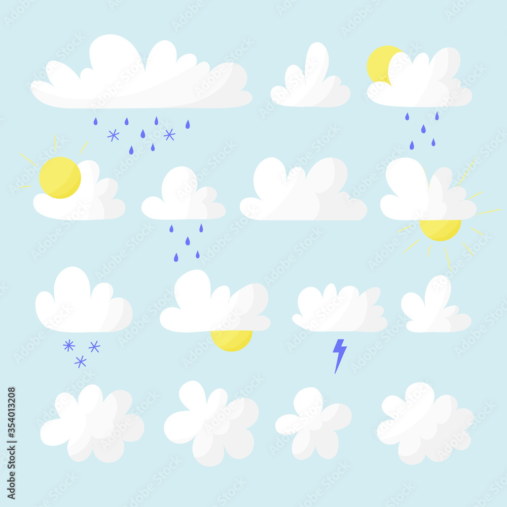 Cartoon weather clouds isolated on blue sky vector set.