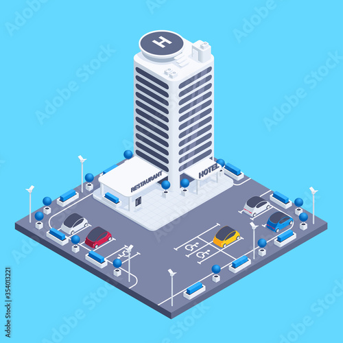 isometric vector image on a blue background, a multi-storey hotel building with a helipad and parking for cars