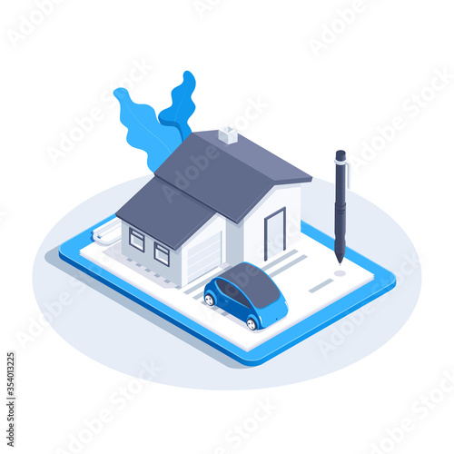 isometric vector image on a white background, home and car icon on a tablet with an insurance document and a pen for signing