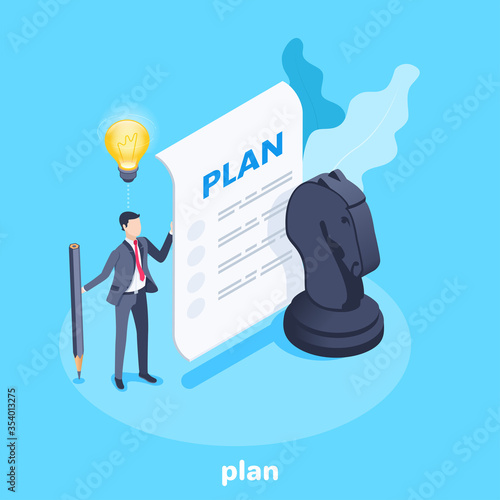 isometric vector image on a blue background, a man in a business suit holds a sheet of paper with a plan and a horse chess piece