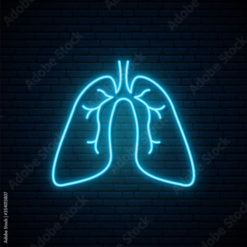 Neon Lungs sign. Neon blue lungs icon isolated on dark brick wall background. Medicine emblem. Vector illustration.