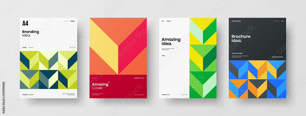 Company identity brochure template collection. Business presentation vector A4 vertical orientation front page mock up set. Corporate report cover abstract geometric illustration design layout bundle.