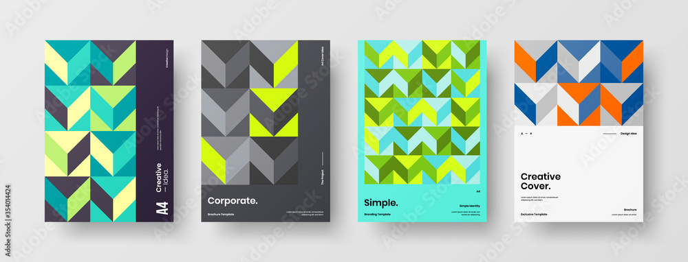 Obraz premium Company identity brochure template collection. Business presentation vector A4 vertical orientation front page mock up set. Corporate report cover abstract geometric illustration design layout bundle.