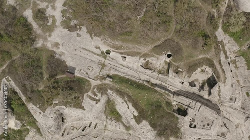Cave city Eski-Kermen, near the city of Bakhchysarai, Crimea. Aerial footage 4k
