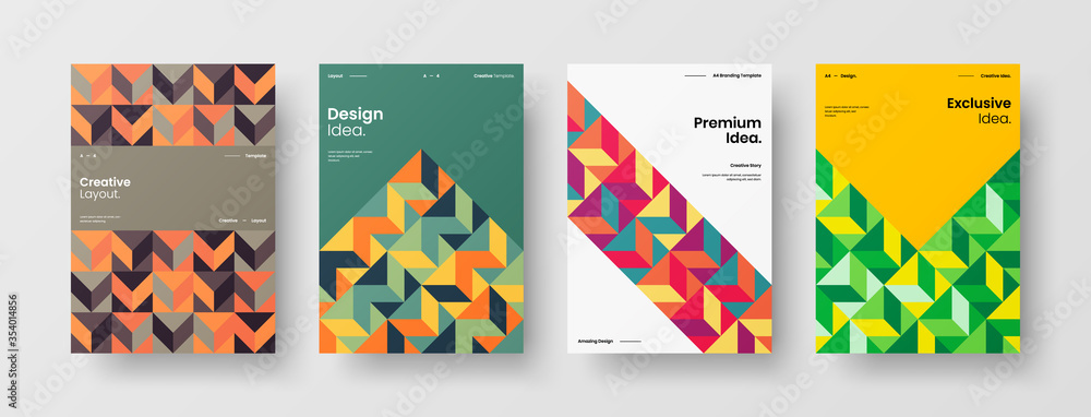Fototapeta premium Company identity brochure template collection. Business presentation vector A4 vertical orientation front page mock up set. Corporate report cover abstract geometric illustration design layout bundle.