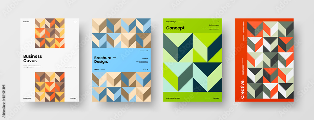 Fototapeta premium Company identity brochure template collection. Business presentation vector A4 vertical orientation front page mock up set. Corporate report cover abstract geometric illustration design layout bundle.