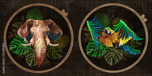 Elephant, palm leaves and tropical parrot macaws. Embroidery, animals collection. Fashion template tambour frame with a canvas, elements from stitches. Art for clothes, textile