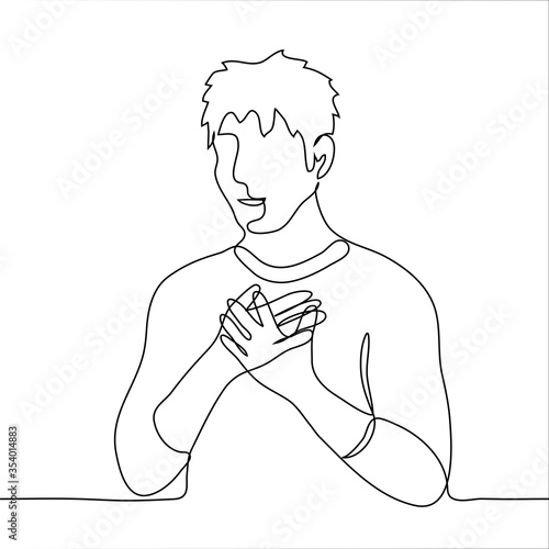 The man folded his palms on his chest (solar plexus). One continuous line drawing of a man experiences tenderness, heart attack, admiration, heart pain.