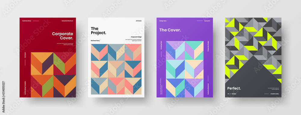 Company identity brochure template collection. Business presentation vector A4 vertical orientation front page mock up set. Corporate report cover abstract geometric illustration design layout bundle.