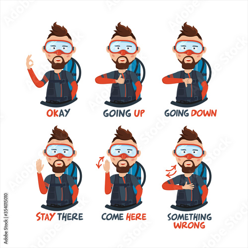scuba diving basic signs, diver cartoon character, diving signals, eps10 vector
