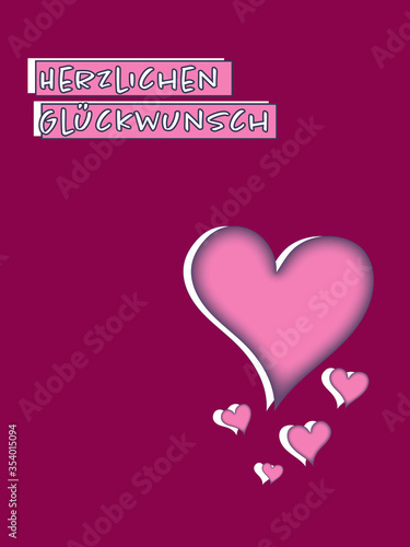 Karte als Glückwunsch zum Geburtstag in magenta mit rosa Herzen und Schriftzug