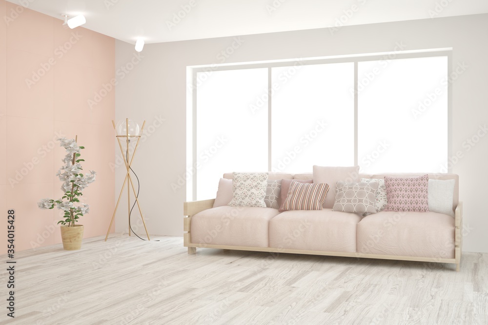 White living room with sofa. Scandinavian interior design. 3D illustration