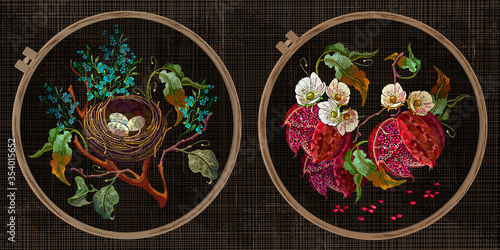 Apple tree, meadow herbs and bird nest with eggs. Ripened red pomegranate and white flowers. Embroidery collection. Fashion template tambour frame with a canvas, elements from stitches