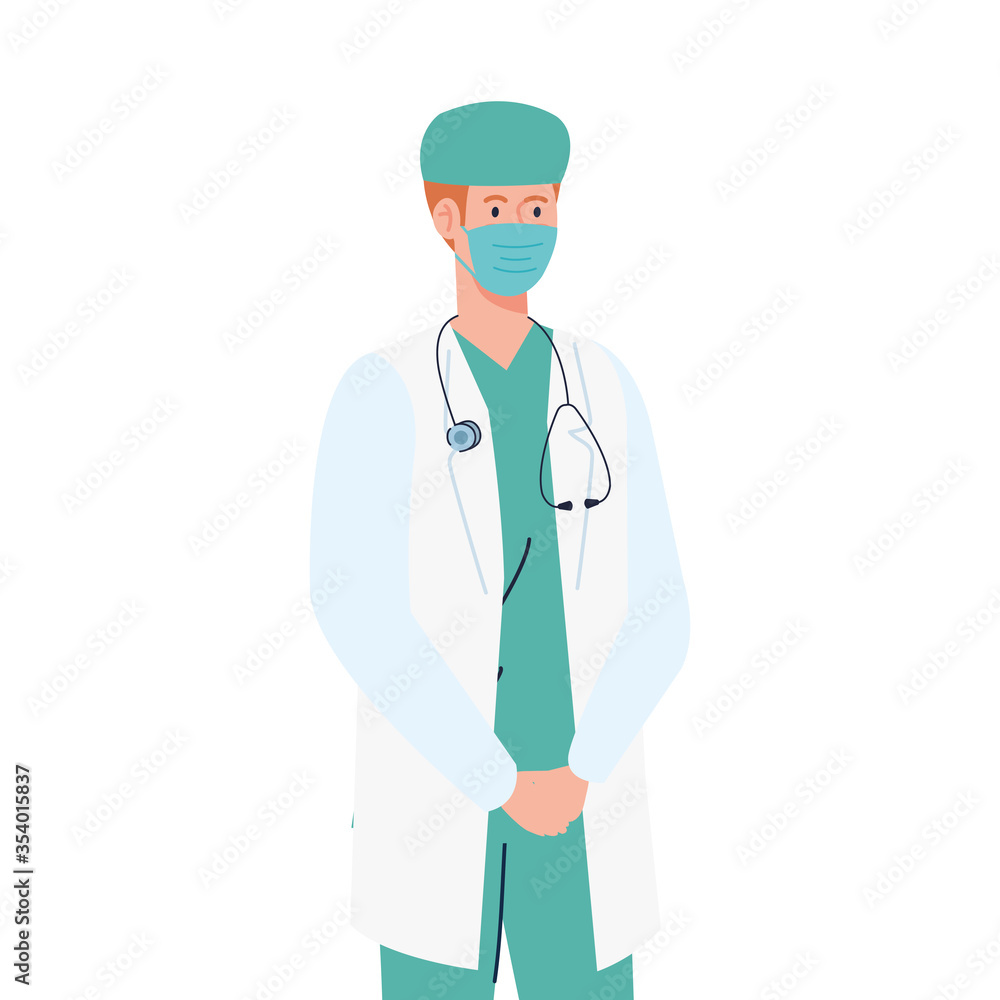 doctor using face mask during covid 19 on white background vector illustration design doctor using face mask during covid 19 on white background vector illustration design